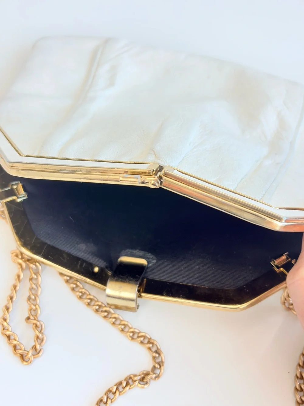 Mid-century White Genuine leather Diamond Shape Hinge Frame Two-Way Bag Vintage